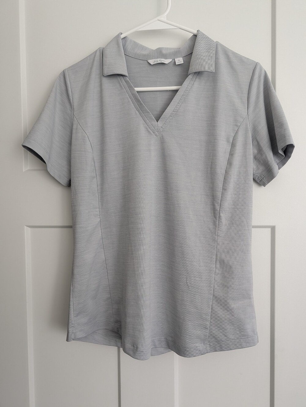 Lady Hagen Light Silver Short-Sleeve Polo V-Neck Top Size Small